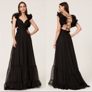 Mac Duggal leena Chiffon Ruffle Sleeve Gown in Black